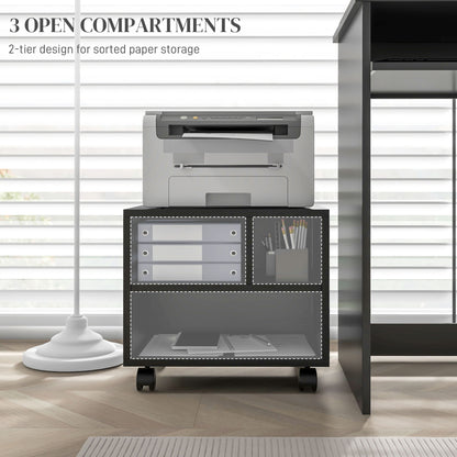 HOMCOM Three-Compartment Printer Cabinet, with Wheels - Black 