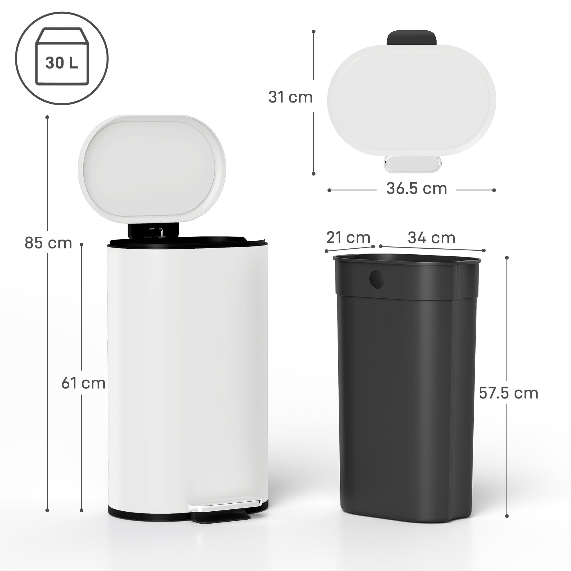 HOMCOM 30 L Modern Curved Kitchen Bin - Cream 
