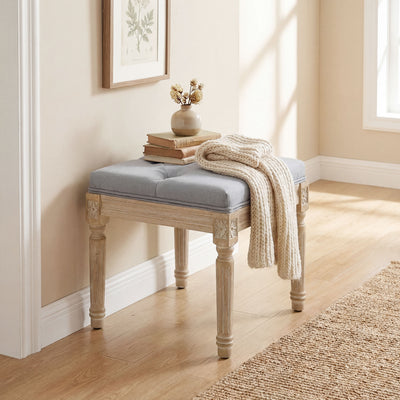 HOMCOM Vintage Foot Stool, Tufted Square Footrest with Wood Legs, Light Grey 