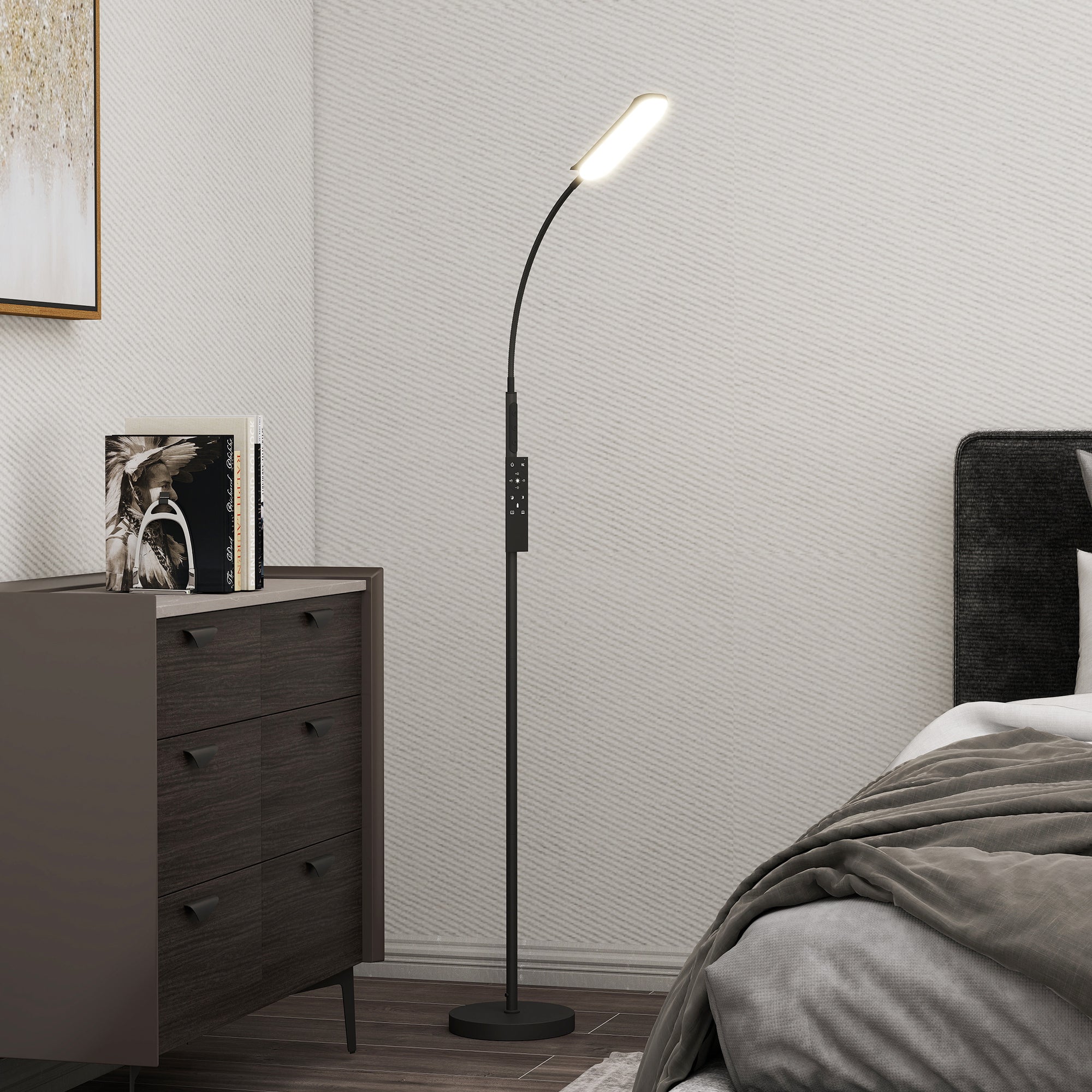 HOMCOM LED Floor Lamp, Standing Lamp with Remote & Touch Control, Stepless Dimmable Colours Temperature & Brightness, 360° Adjustable Gooseneck, 1 Hour Timer, Memory Function for Living Room, Black