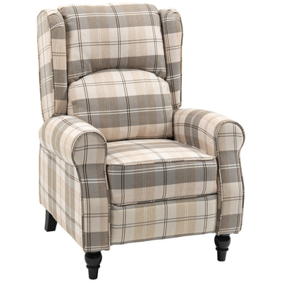 HOMCOM Wingback Recliner Armchair for Living Room, Pushback Reclining Chair with Round Armrests, Footrest and Rubber Wood Legs, Khaki 