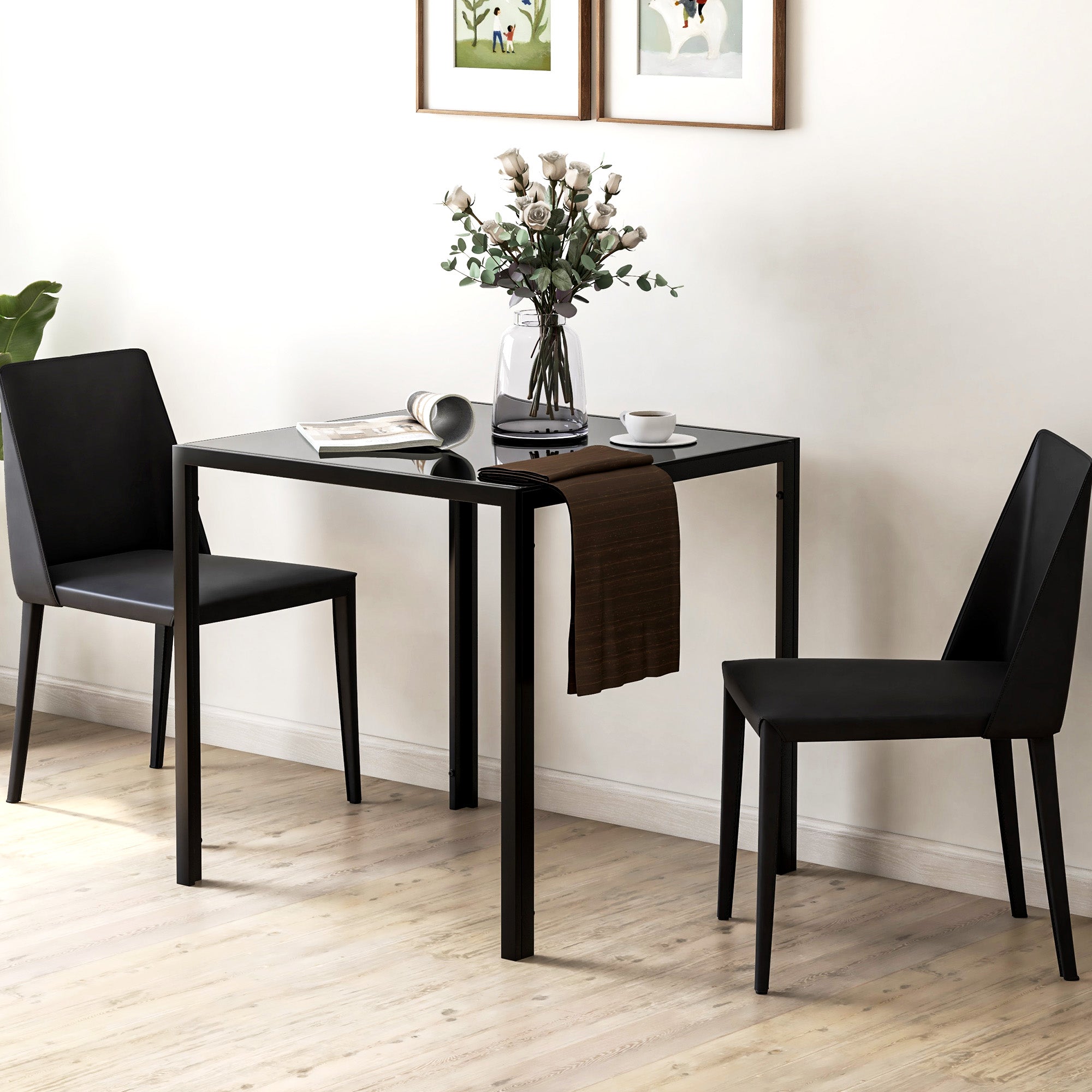 HOMCOM Modern Square Dining Table for 2-4 People, with Glass Top & Metal Legs, Black 