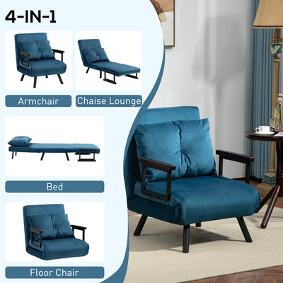 HOMCOM 4-in-1 Velvet-Feel Single Chair Bed, with Pillow - Navy Blue 