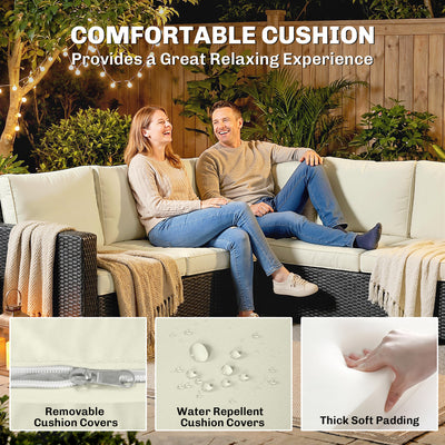 Outsunny 7 Pieces PE Rattan Garden Furniture Set, 50,000 BTU Gas Fire Pit Table, Double Corner Sofa and 3 Footstools 