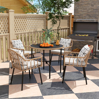 Outsunny 5 Piece Patio Rattan Dining Set, Wicker Garden Table and Chairs w/ Removable Seat & Back Cushions, Round Tempered Glass Tabletop, Parasol Hole, Outdoor Furniture Conservatory Set, Light Brown 