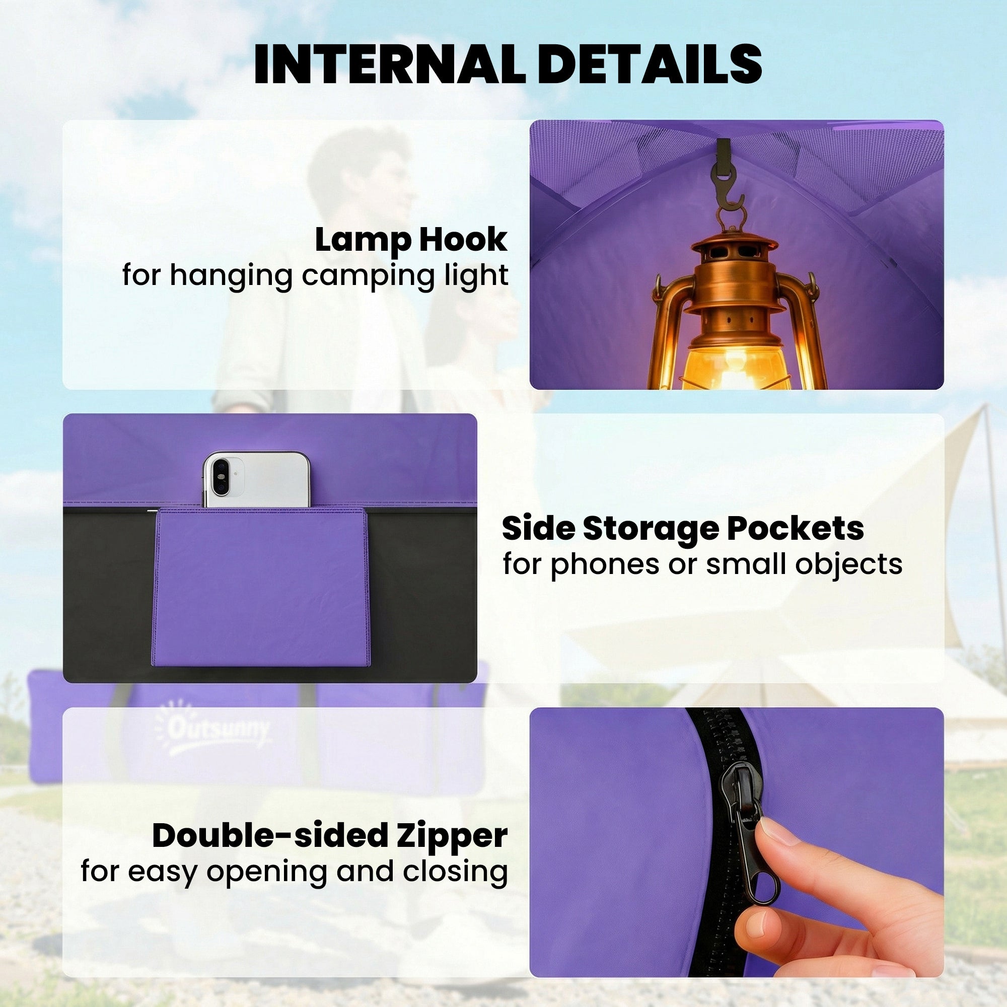 Outsunny 2 Person Camping Tent, Dome Tent with Zipped Doors, Storage Pocket, Portable Handy Bag, Light Purple 