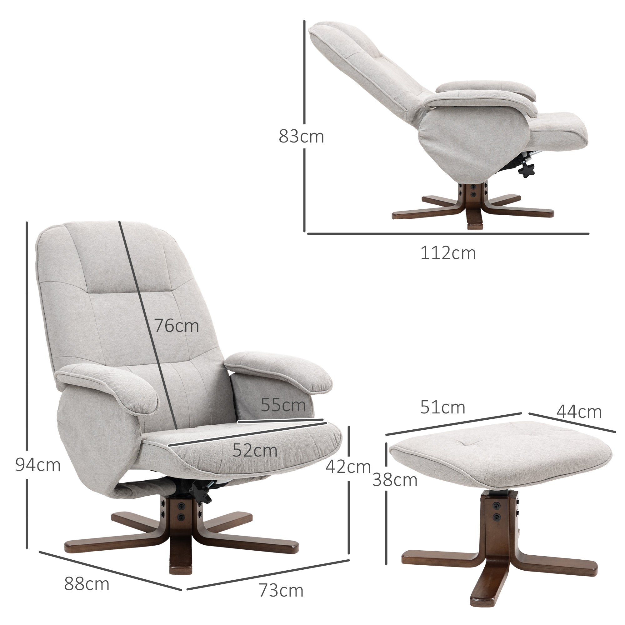 HOMCOM Linen Swivel Recliner Chair with Footstool, Upholstered Reclining Armchair with Wooden Base for Living Room, Light Grey 