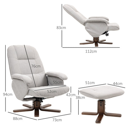 HOMCOM Linen Swivel Recliner Chair with Footstool, Upholstered Reclining Armchair with Wooden Base for Living Room, Light Grey 