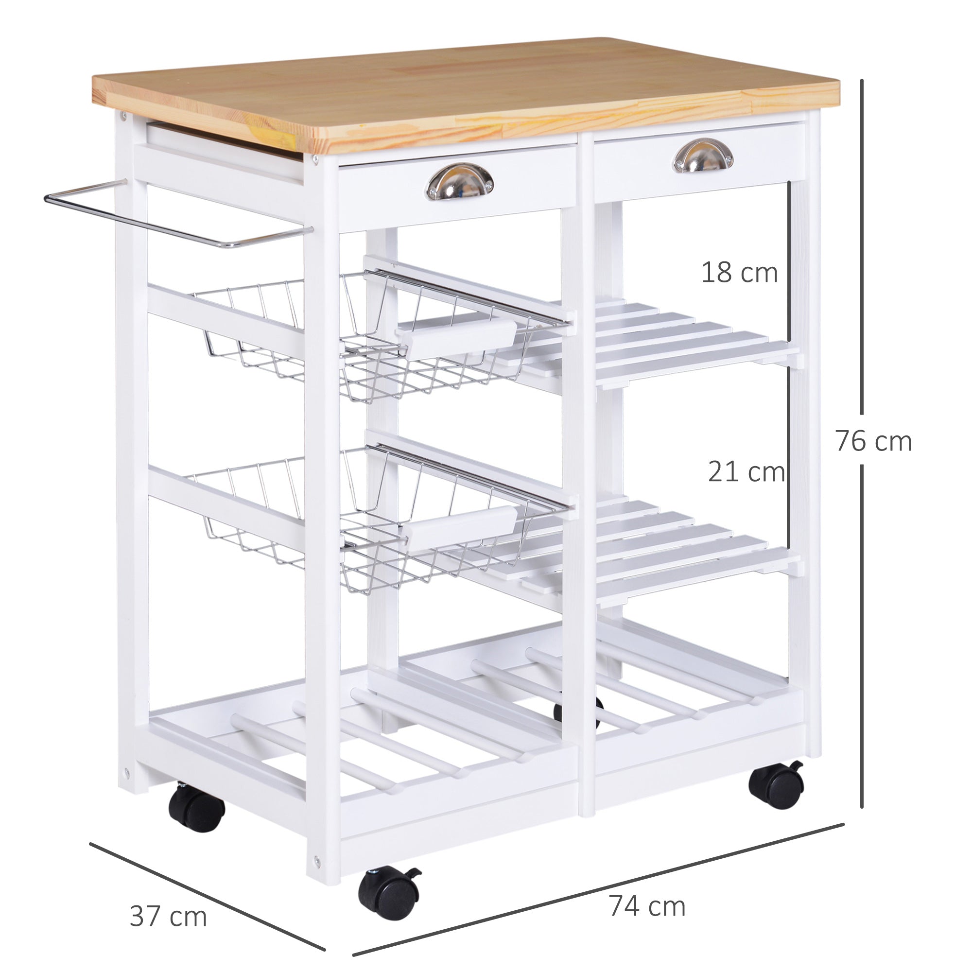HOMCOM Rolling Kitchen Island Trolley Cart Drawer Shelves Basket Wheels W/  6 Bottle Wine Rack White 