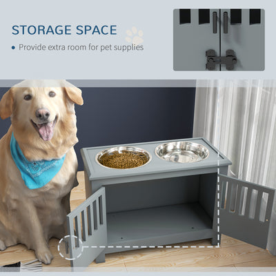 PawHut Raised Dog Bowls, Pet Feeding Station, with Storage, Food and Water Bowls, for Large Dogs - Grey 