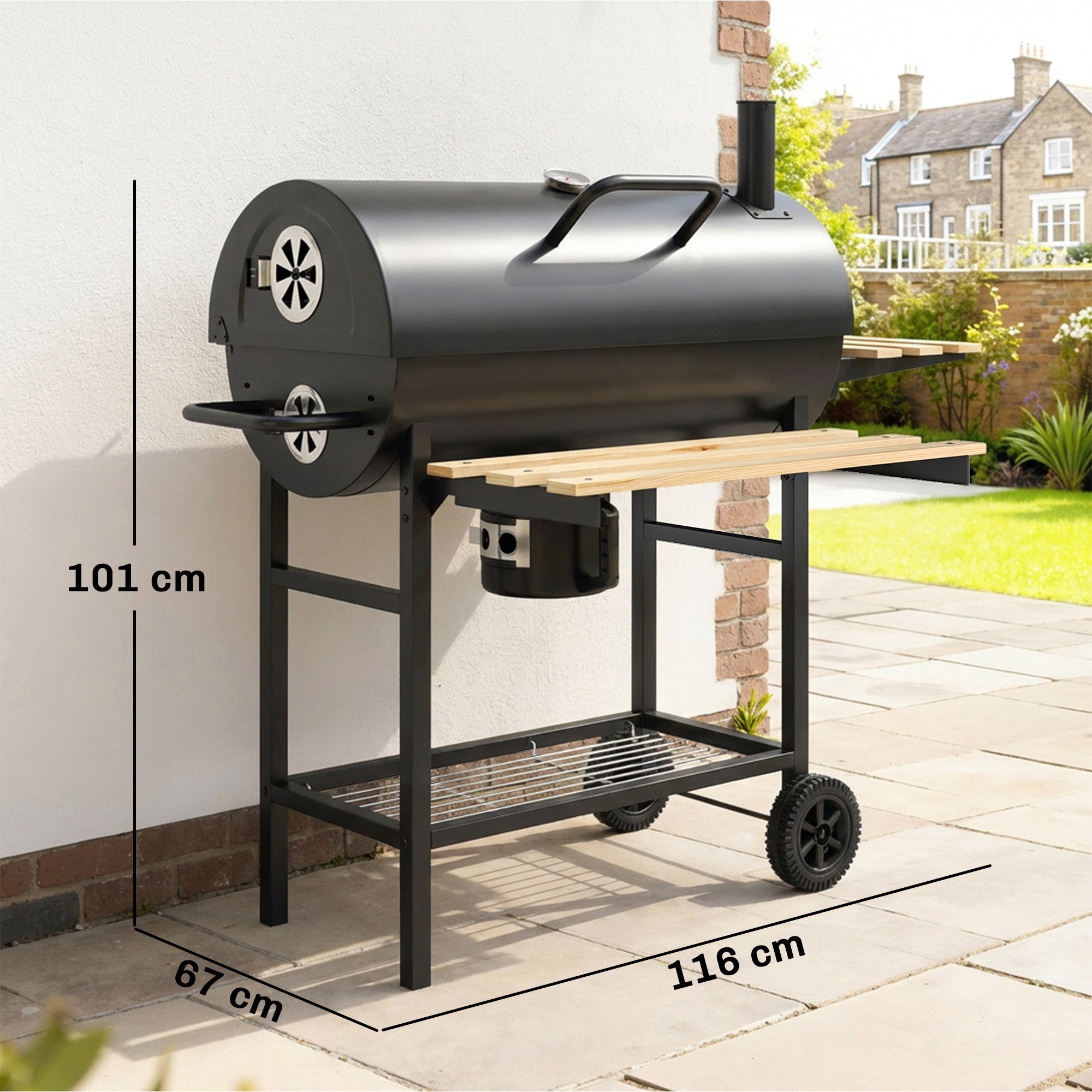 Outsunny Charcoal Grill, Barrel BBQ Smoker with Warming Rack, Charcoal BBQ Grill with Foldable Shelves, Natural Wood and Black 