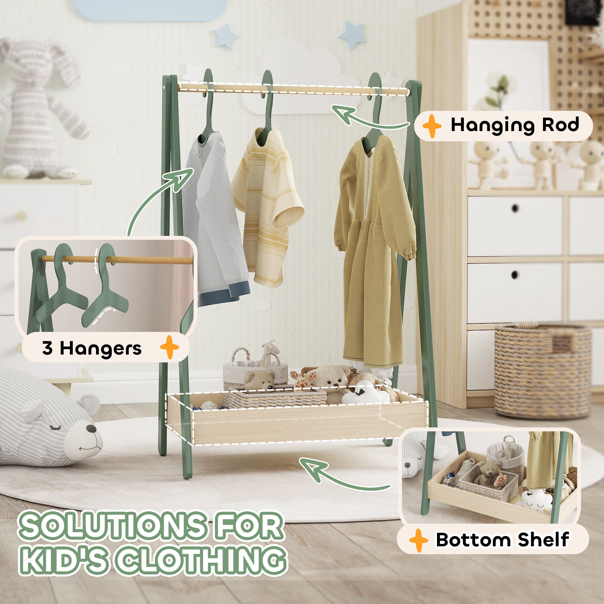 AIYAPLAY Kids Clothes Rail with 3Hangers, Bottom Storage Shelf for Girls, Boys, Nursery, Bedroom, Green 