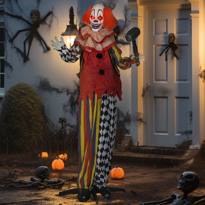 Outsunny 173 cm Life Size Halloween Animated Standing Clown & Hammer with Red Light Up Eyes, Sound Activated Moving Arms & Head, Scary Clown Halloween Decorations, Battery Operated, Indoor Party Props 