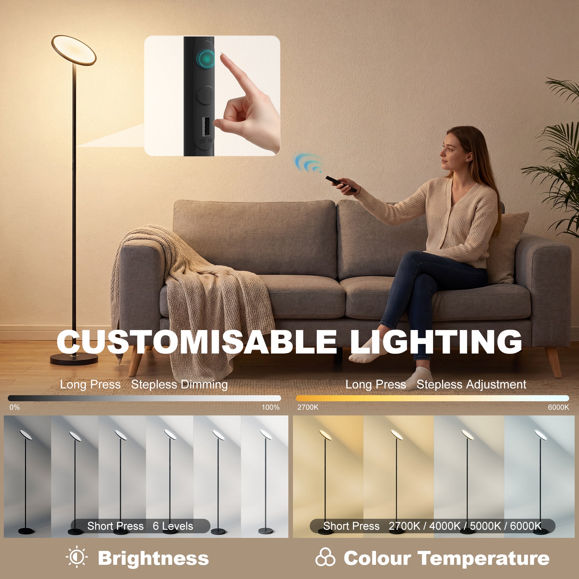 HOMCOM Uplighter Floor Lamp with Tuya App and Music Sync, Standing Lamp with Adjustable Head for Living Room Bedroom, Black 