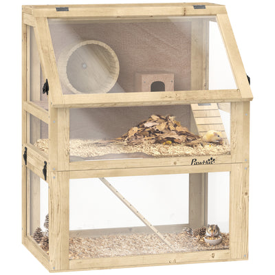 PawHut Wooden Hamster Cage with Detachable 32cm Deep Bottom, Hut, Seesaw, Exercise Wheel, Ramps, 60 x 40 x 75cm 