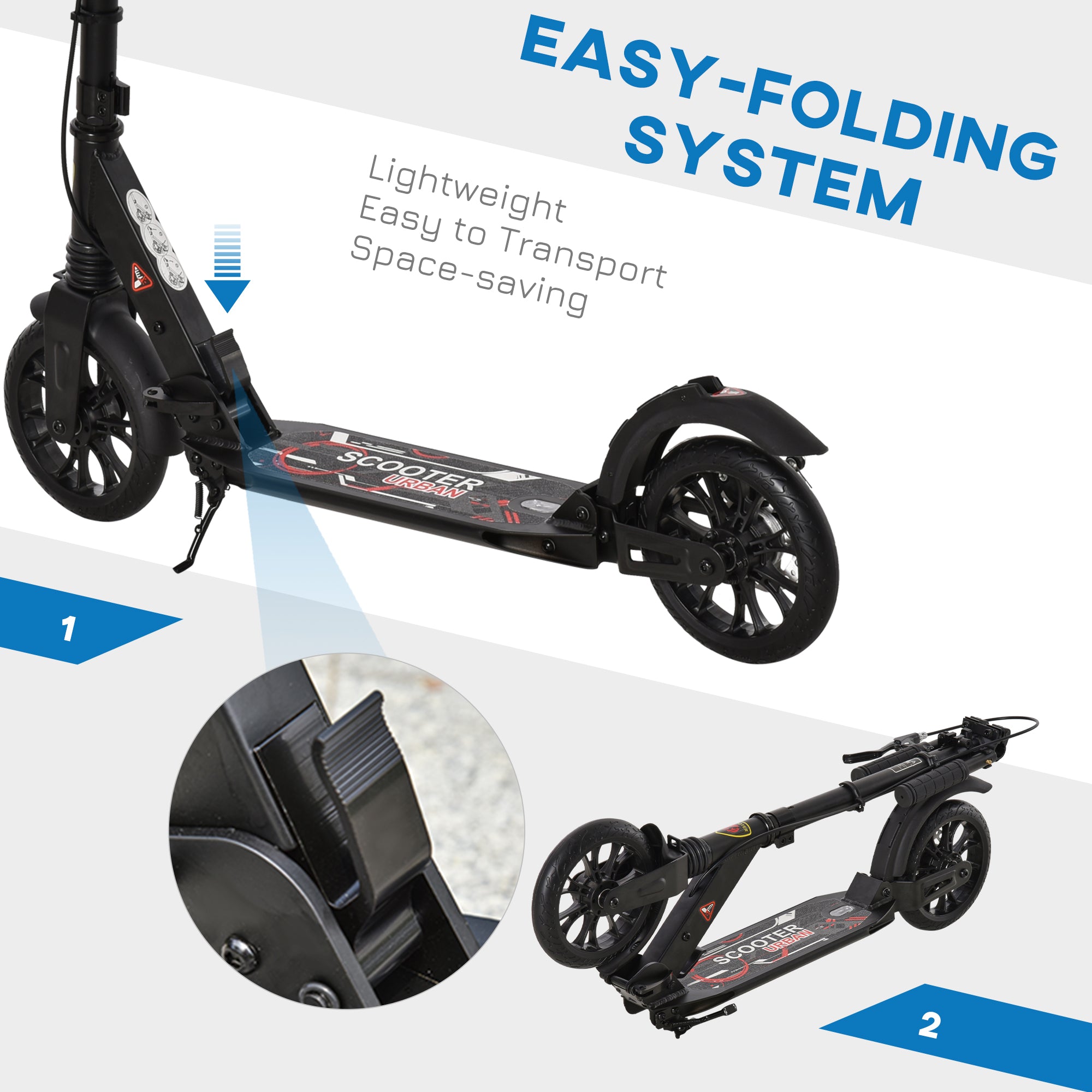 HOMCOM Adult Teens Kick Scooter Foldable Height Adjustable Aluminium Ride On Toy for 14+ w/ Rear Wheel & Hand Brake, 200mm Big Wheels, Shock Mitigation System - Black 
