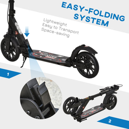 HOMCOM Adult Teens Kick Scooter Foldable Height Adjustable Aluminium Ride On Toy for 14+ w/ Rear Wheel & Hand Brake, 200mm Big Wheels, Shock Mitigation System - Black 