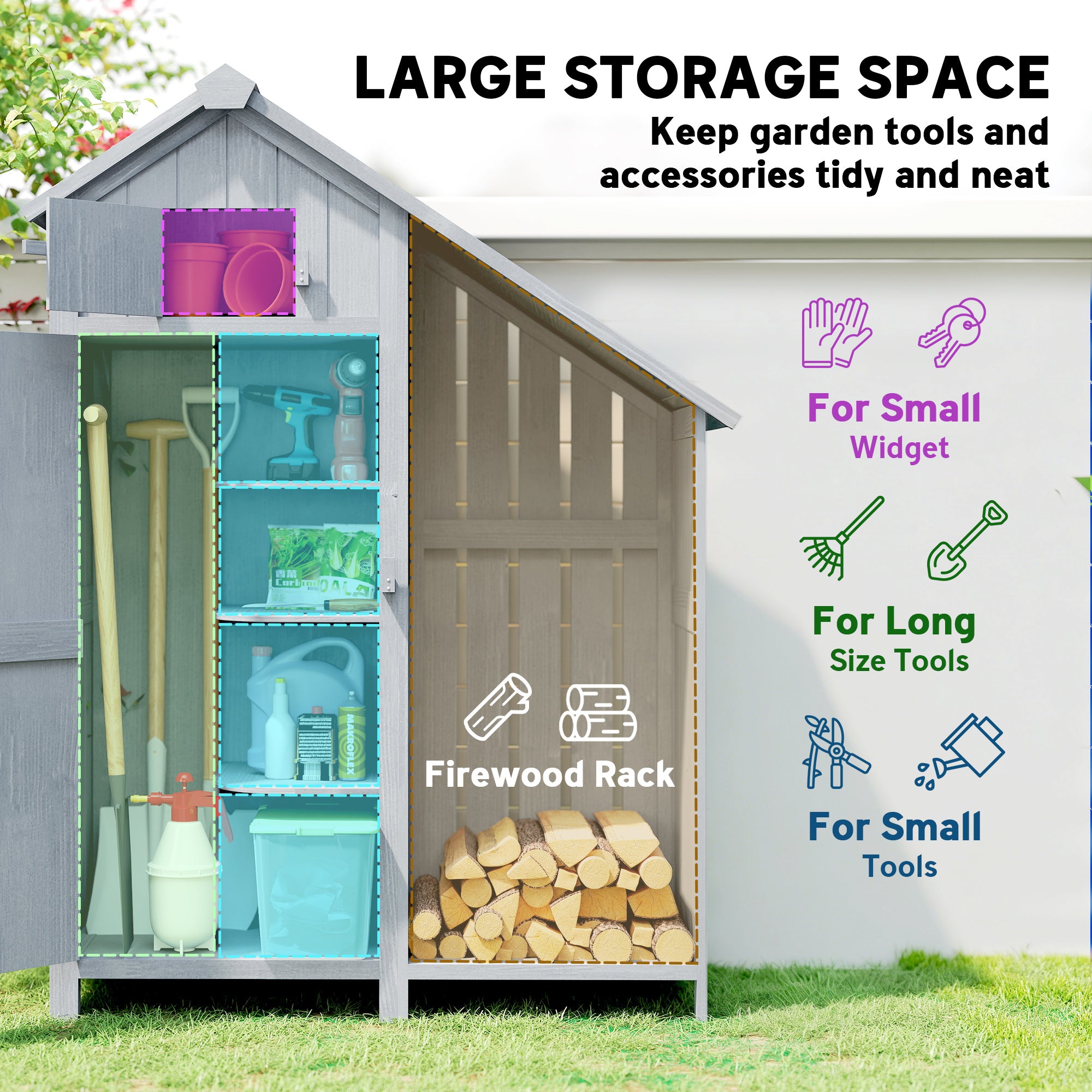 Outsunny Garden Outdoor Storage Shed 3 Shelves Tilt Roof w/ Firewood Rack Log Carrier, 129L x 51.5W x 180H cm 