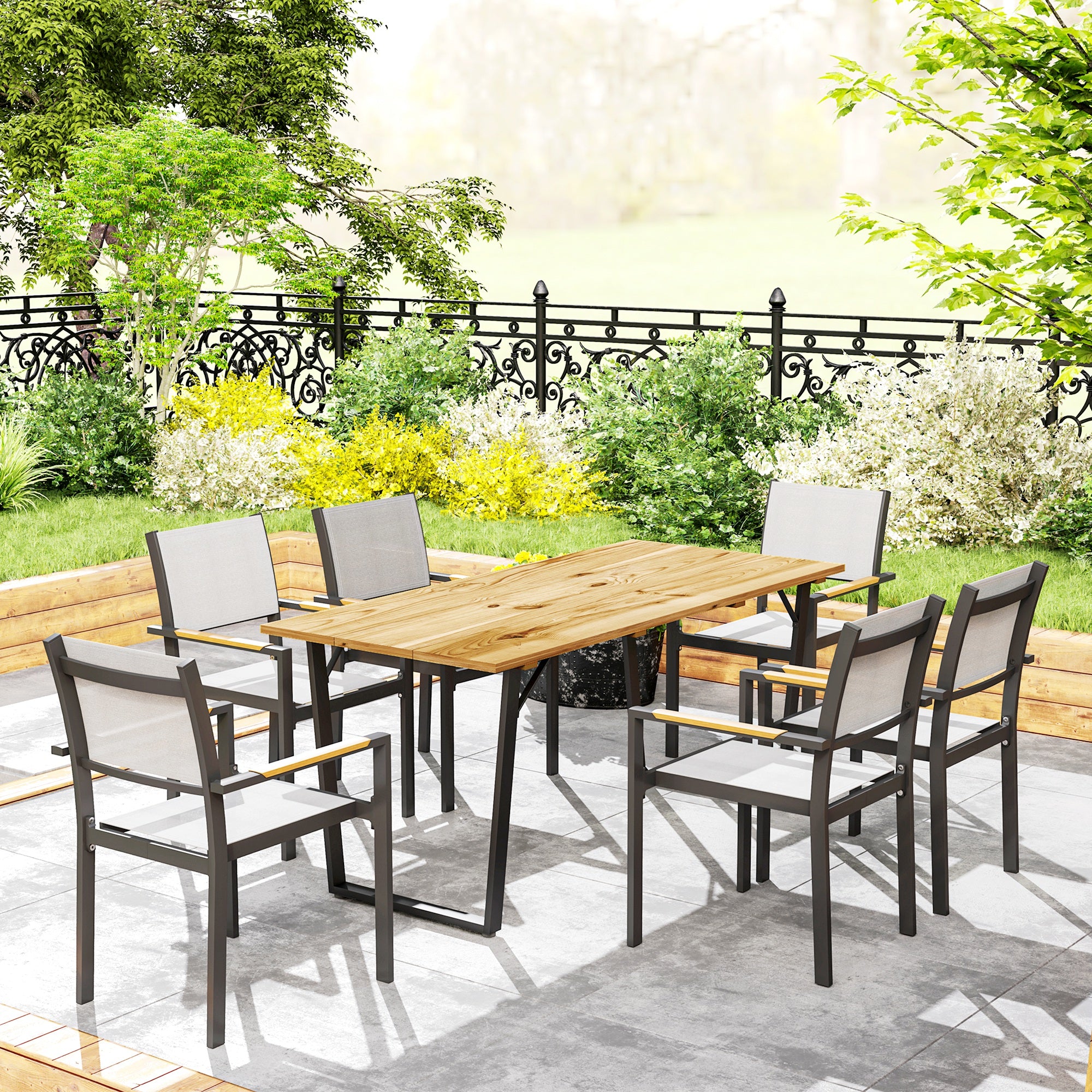Outsunny Garden Table for 6, 175 x 80 cm Large Rectangle Outdoor Dining Table with 5cm Parasol Hole and Slatted Top, Weather Resistant Fir Wood Patio Table for Balcony, Terrace, Brown