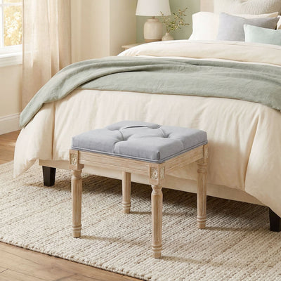 HOMCOM Vintage Foot Stool, Tufted Square Footrest with Wood Legs, Light Grey 