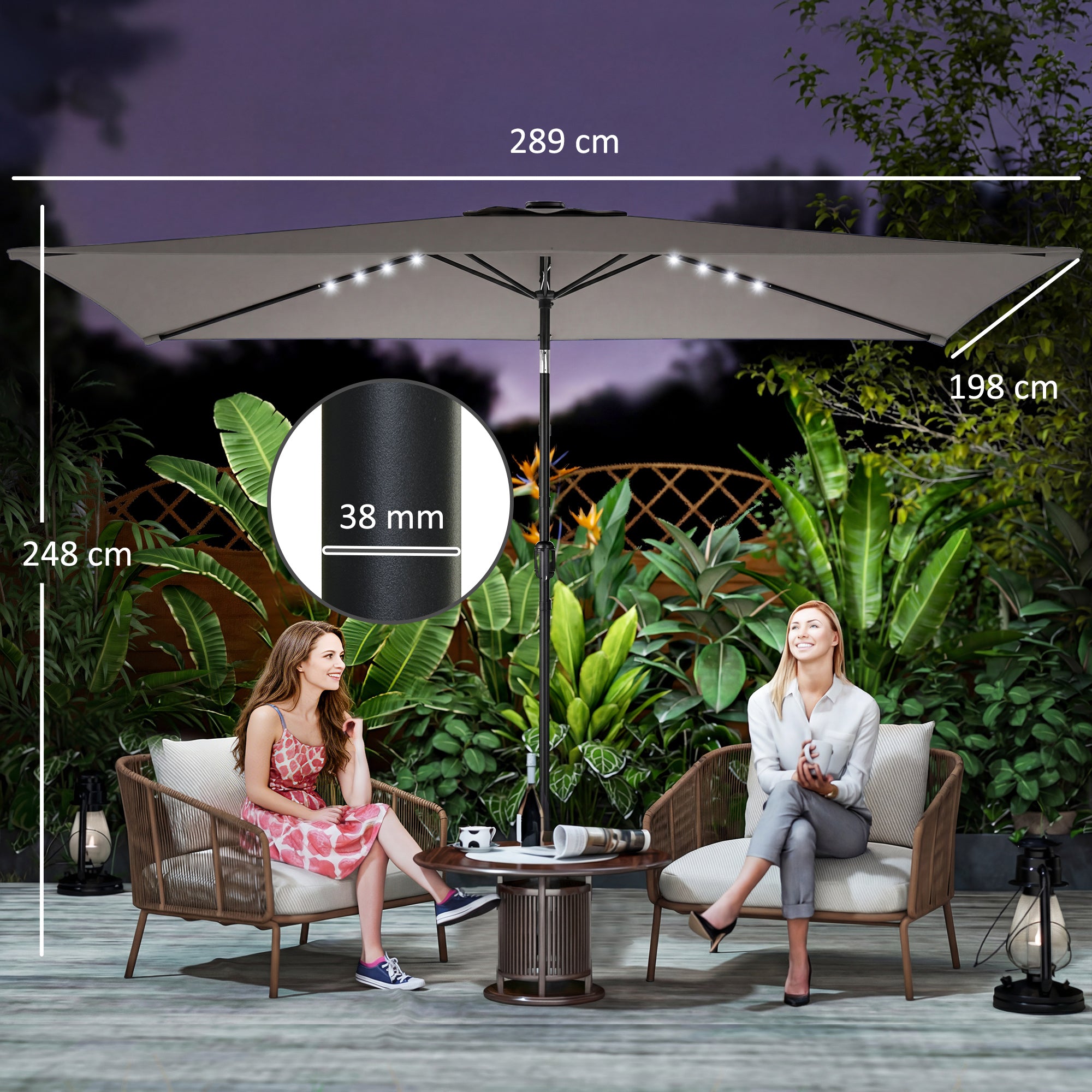Outsunny 3 x 2 m Garden Parasol Umbrella with LED Solar Light, Parasol Cover, Outdoor Market Patio Umbrella, Dark Grey 