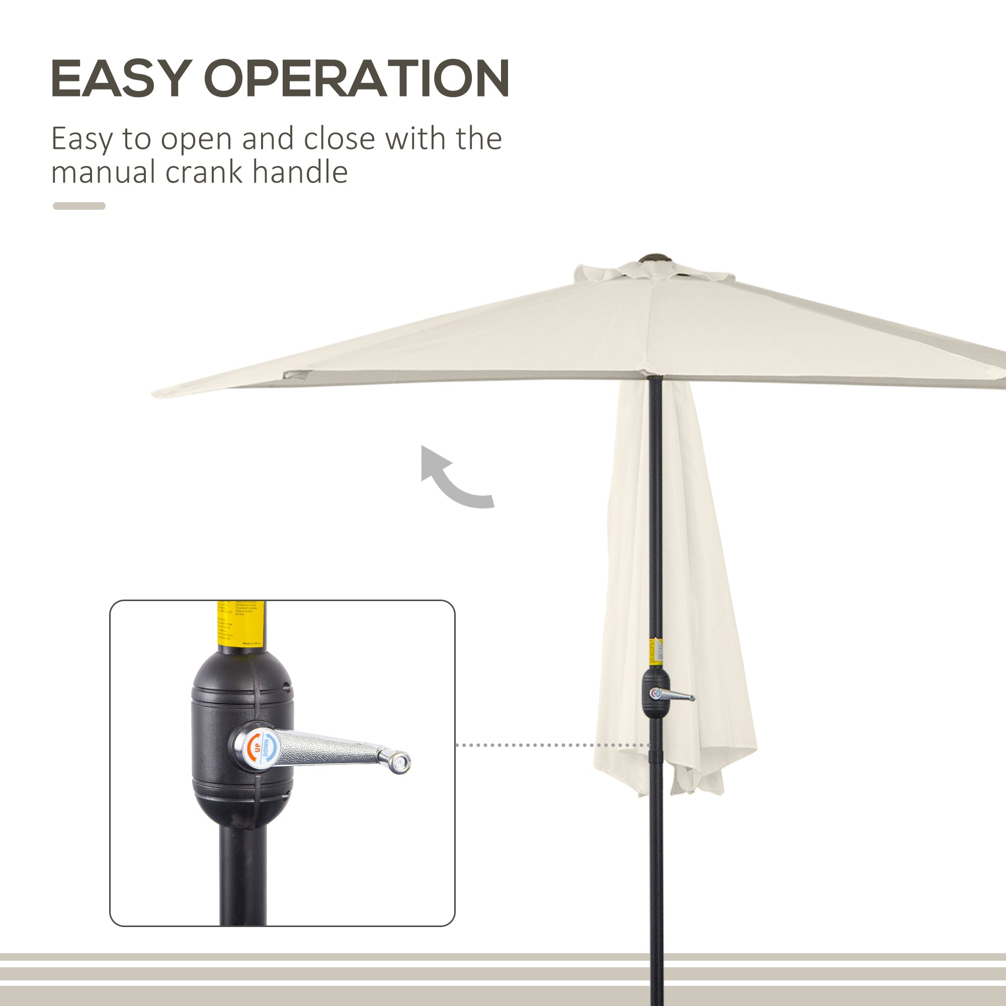 Outsunny 3(m) Half Parasol, Semi Round Umbrella with Metal Frame, Crank Handle for Balcony, Garden, Cream White 