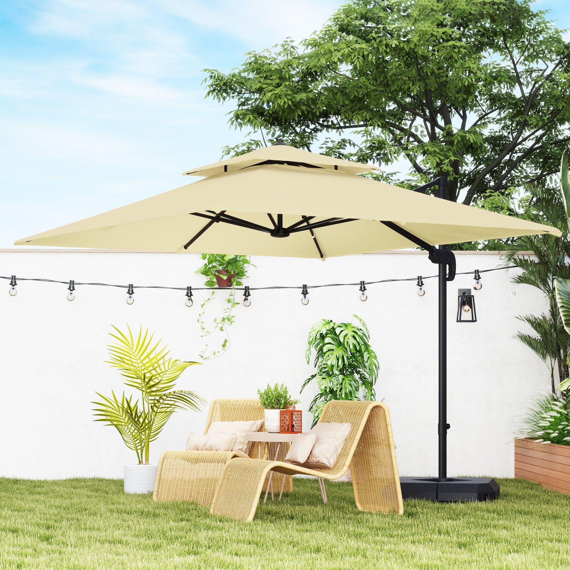 Outsunny 2.7 x 2.7(m) Cantilever Parasol with Aluminium Frame, Crank and Tilt, 360° Rotation, Double Top Garden Umbrella with Base and Cover, Khaki 