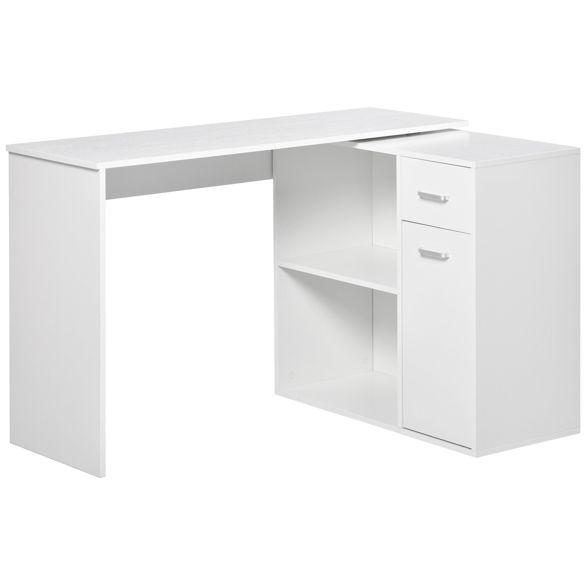 HOMCOM L-Shaped Desk, Corner Computer Desk, Adjustable Study Table with Storage Shelf, Drawer and Cabinet, Workstation for Home Office, White Wood Grain 