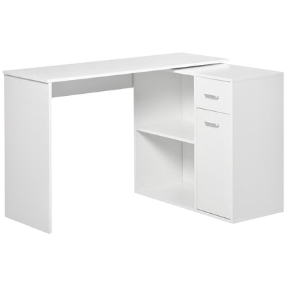 HOMCOM L-Shaped Desk, Corner Computer Desk, Adjustable Study Table with Storage Shelf, Drawer and Cabinet, Workstation for Home Office, White Wood Grain 