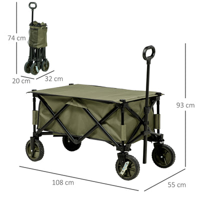 Outsunny Folding Garden Trolley, Cargo Trailer on Wheels, Collapsible Camping Trolley with Folding Board, Outdoor Utility Wagon with Steel Frame and Oxford Fabric, Green 