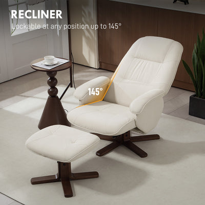 HOMCOM Linen Swivel Recliner Chair with Footstool, Upholstered Reclining Armchair with Wooden Base for Living Room, Beige 