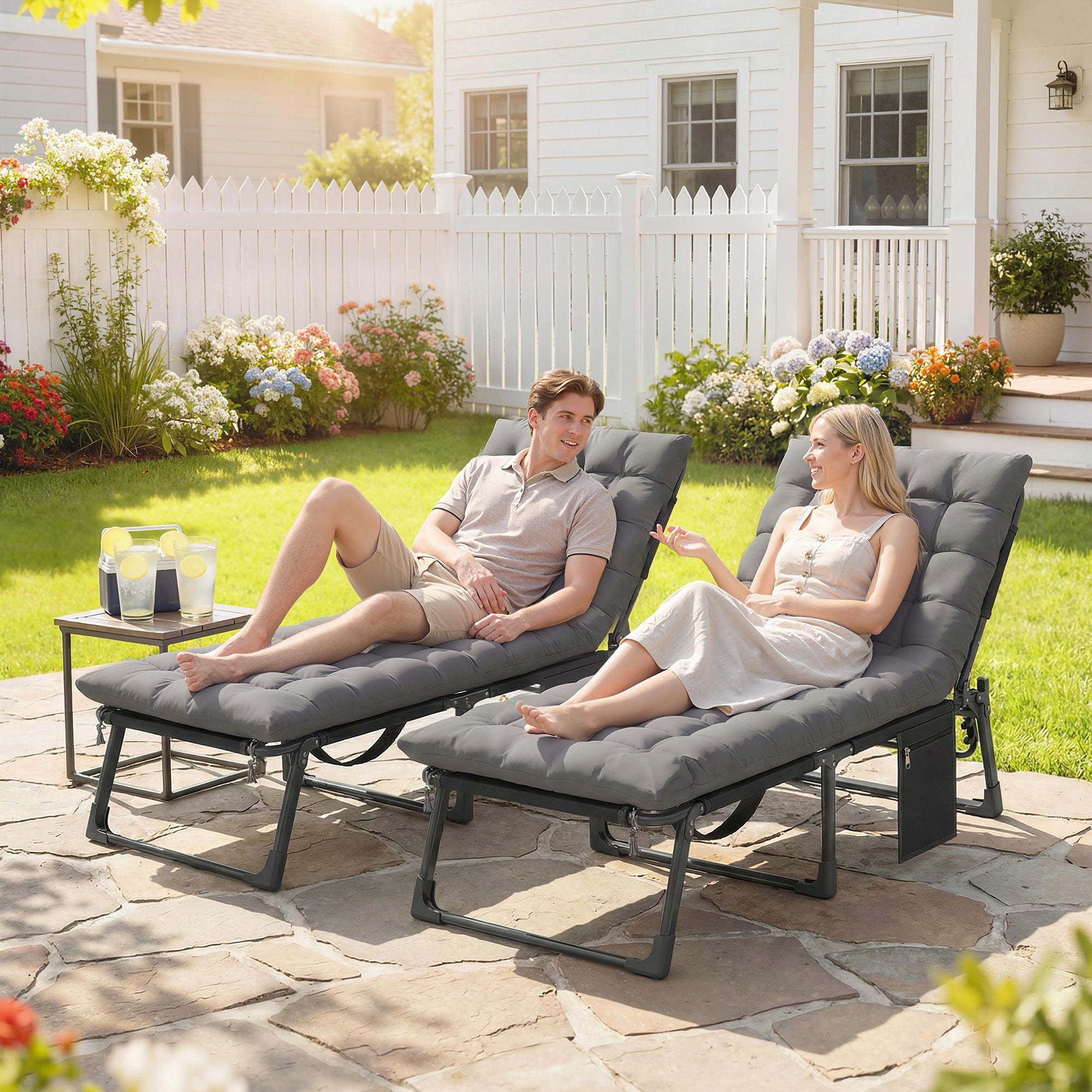 Outsunny Folding Sun Loungers for Garden Set of 2, 5-Position Oversized Camping Bed Recliner with Cushions, Dark Grey 