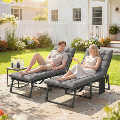 Outsunny Folding Sun Loungers for Garden Set of 2, 5-Position Oversized Camping Bed Recliner with Cushions, Dark Grey 