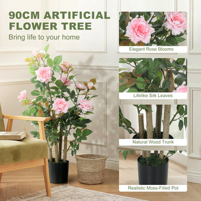 HOMCOM 90cm Artificial Rose Tree Set of 2, Decorative Fake Plant with 344 Silk Leaves 17 Flowers for Outdoor Indoor Decor, Pink 