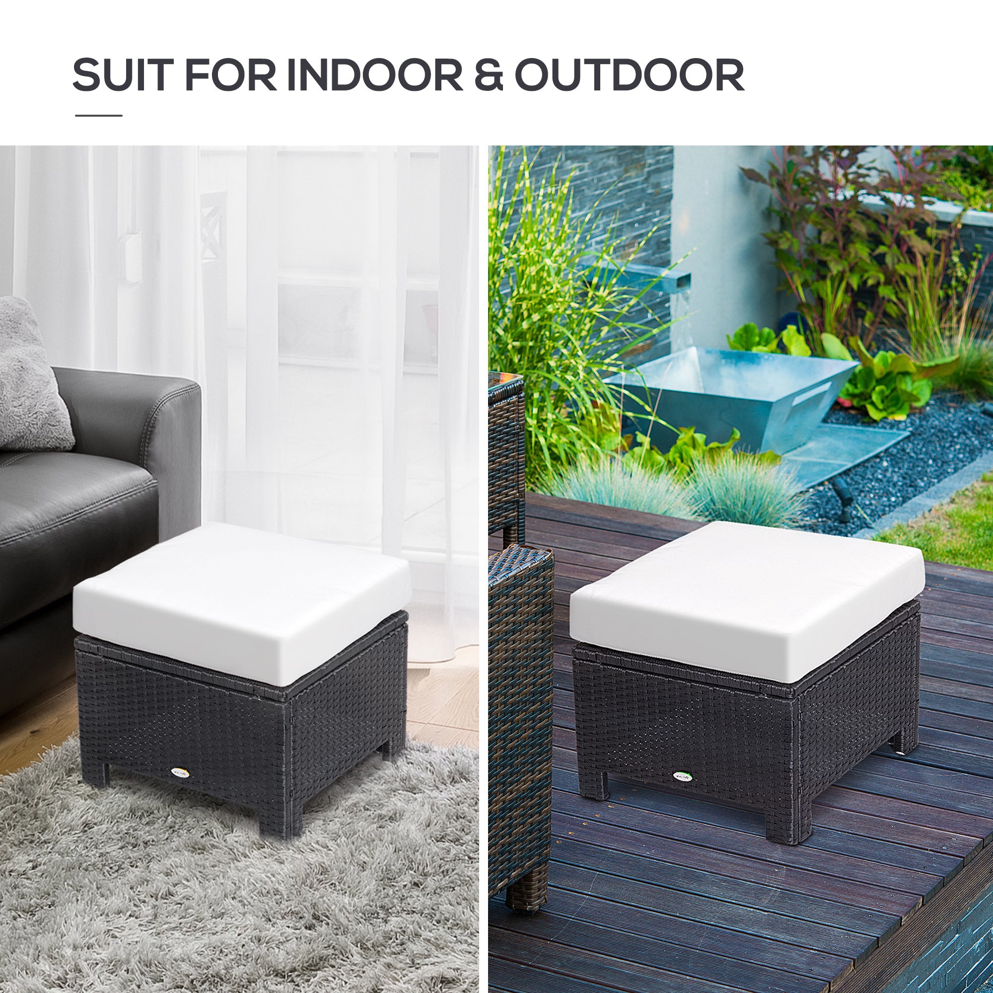 Outsunny Rattan Footstool Wicker Ottoman with Padded Seat Cushion Outdoor Patio Furniture for Garden Poolside Living Room, 50 x 50 x 35 cm, Black 
