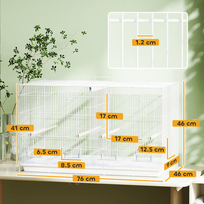 PawHut Bird Cage with Divider, 4 Wooden Perches, Slide Out Tray, 4 Feeders, for Budgie, Lovebird, Canary, 76 x 46 x 46cm, White 