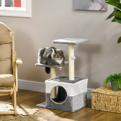 PawHut Cat Tree w/ Sisal Scratching Posts, House, Perches, Toy Mouse, Grey 