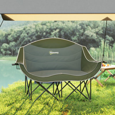 Outsunny Double Camping Chair for Adults, Oversized Heavy Duty Padded Folding Chair with Armrests, Cup Holders and Carry Bag for Outdoor Camping Hiking Picnic Fishing, 250kg Capacity, Green 