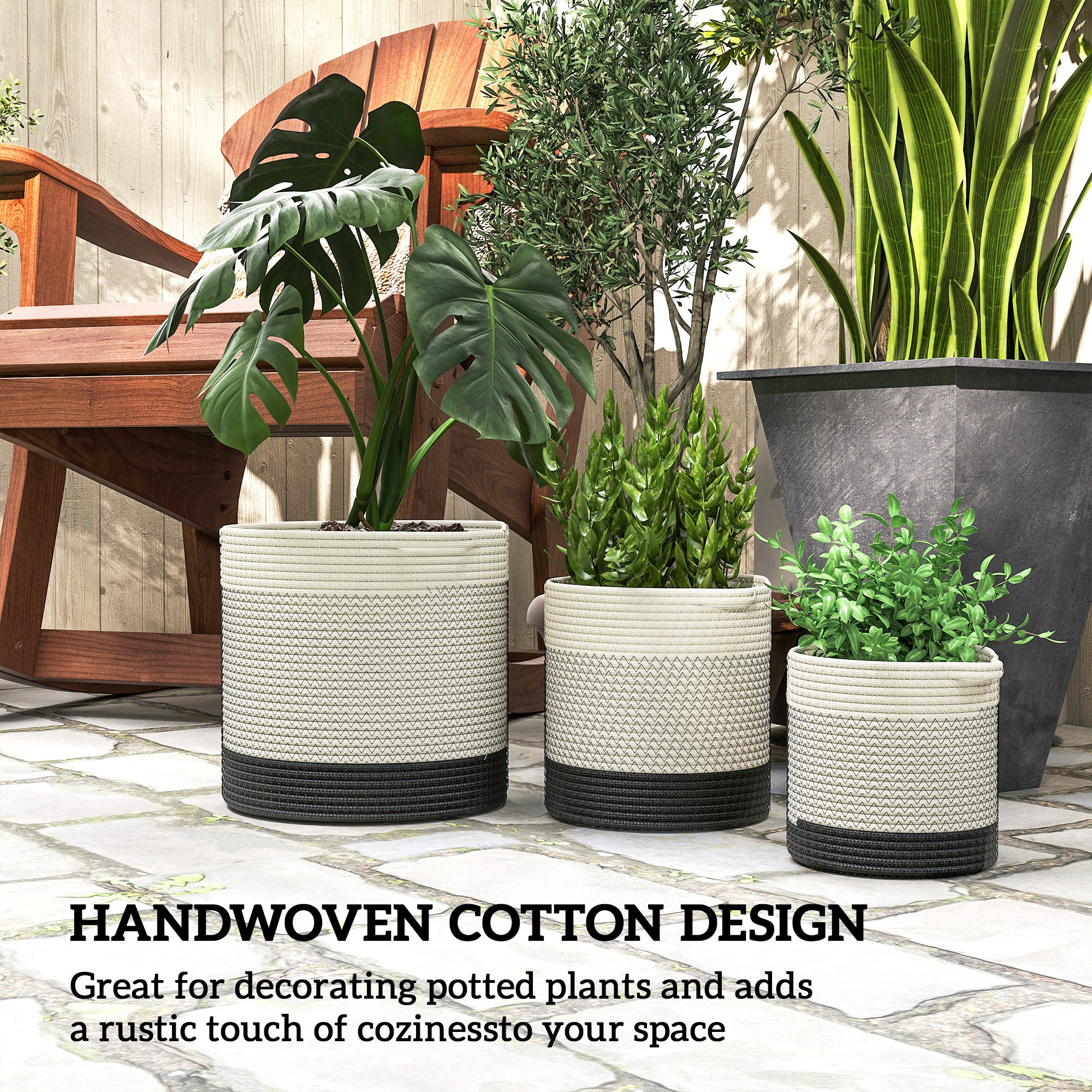 Outsunny Plant Pots Handwoven Cotton Indoor Planters with Waterproof Liner Set of 3 White 