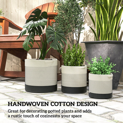 Outsunny Plant Pots Handwoven Cotton Indoor Planters with Waterproof Liner Set of 3 White 