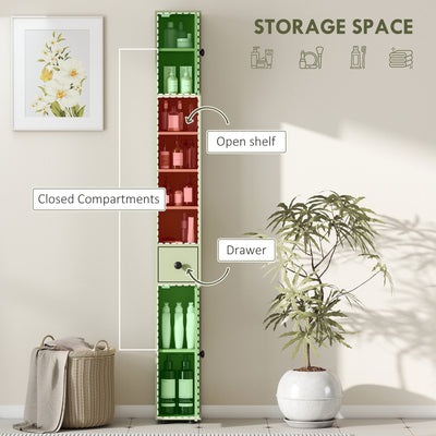 kleankin 180cm Slim Bathroom Cabinet, with Drawer, Shelves and Cupboards - Green 