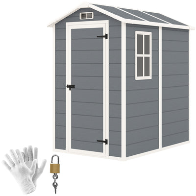 Outsunny 4 x 6ft Garden Shed, Plastic Shed with Floor, Window, Lockable Door and Vents, Resin Tool Shed for Outdoor Patio Storage, Zero Maintenance, Grey 