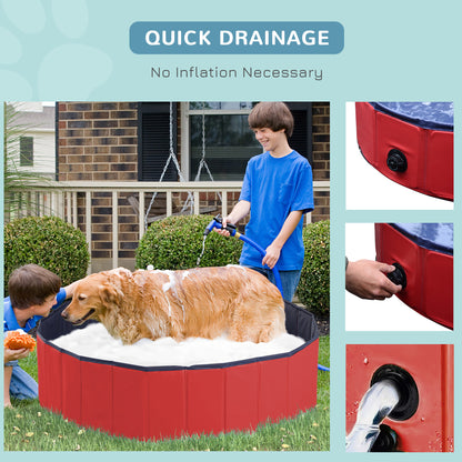 PawHut Foldable Dog Paddling Pool Pet Cat Swimming Pool Indoor/Outdoor Collapsible Summer Bathing Tub Shower Tub Puppy Washer (Φ120 × 30H cm, Red) 