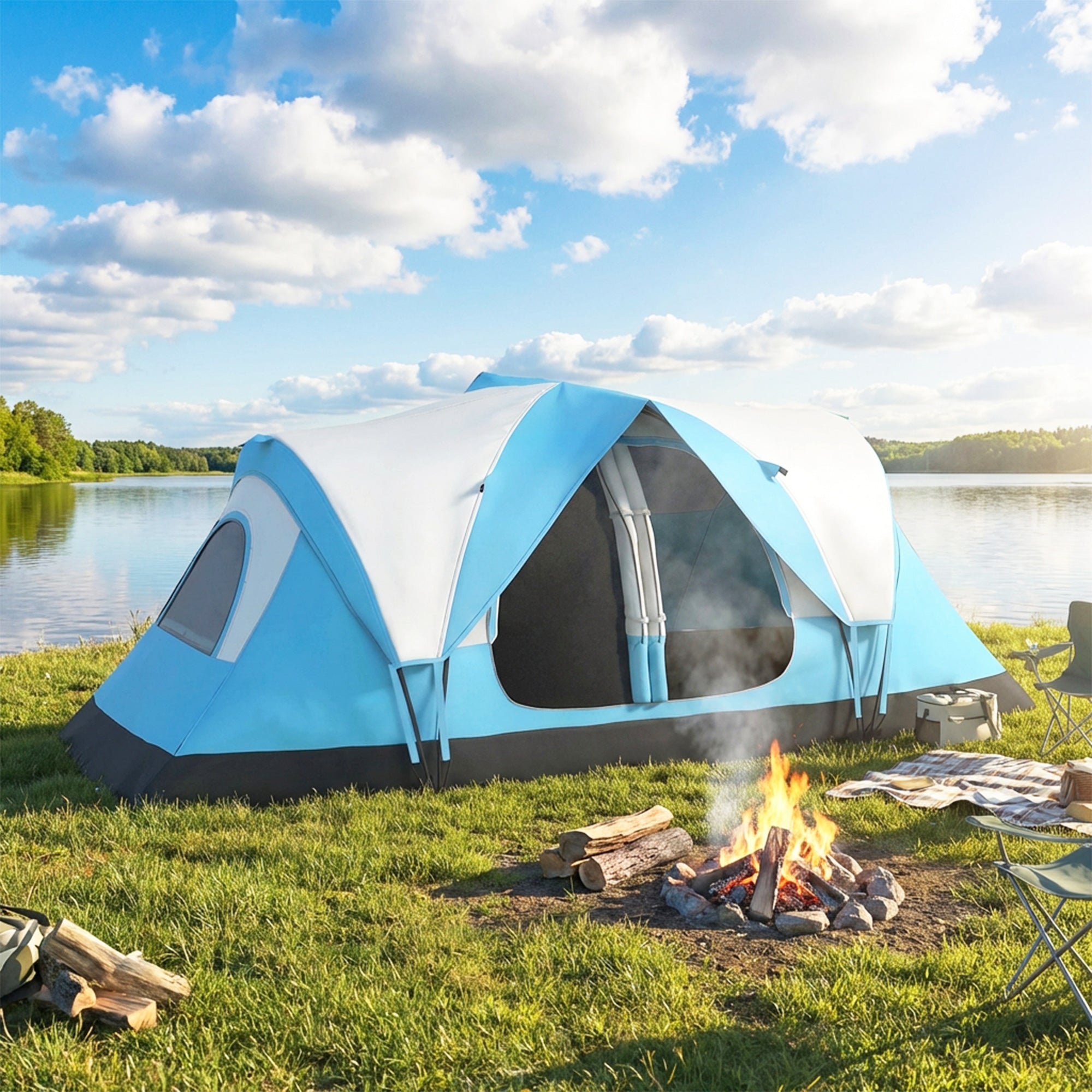 Outsunny Camping Tent for 6-8 Man with 2000mm Waterproof Rainfly and Carry Bag for Fishing Hiking Festival, Sky Blue 