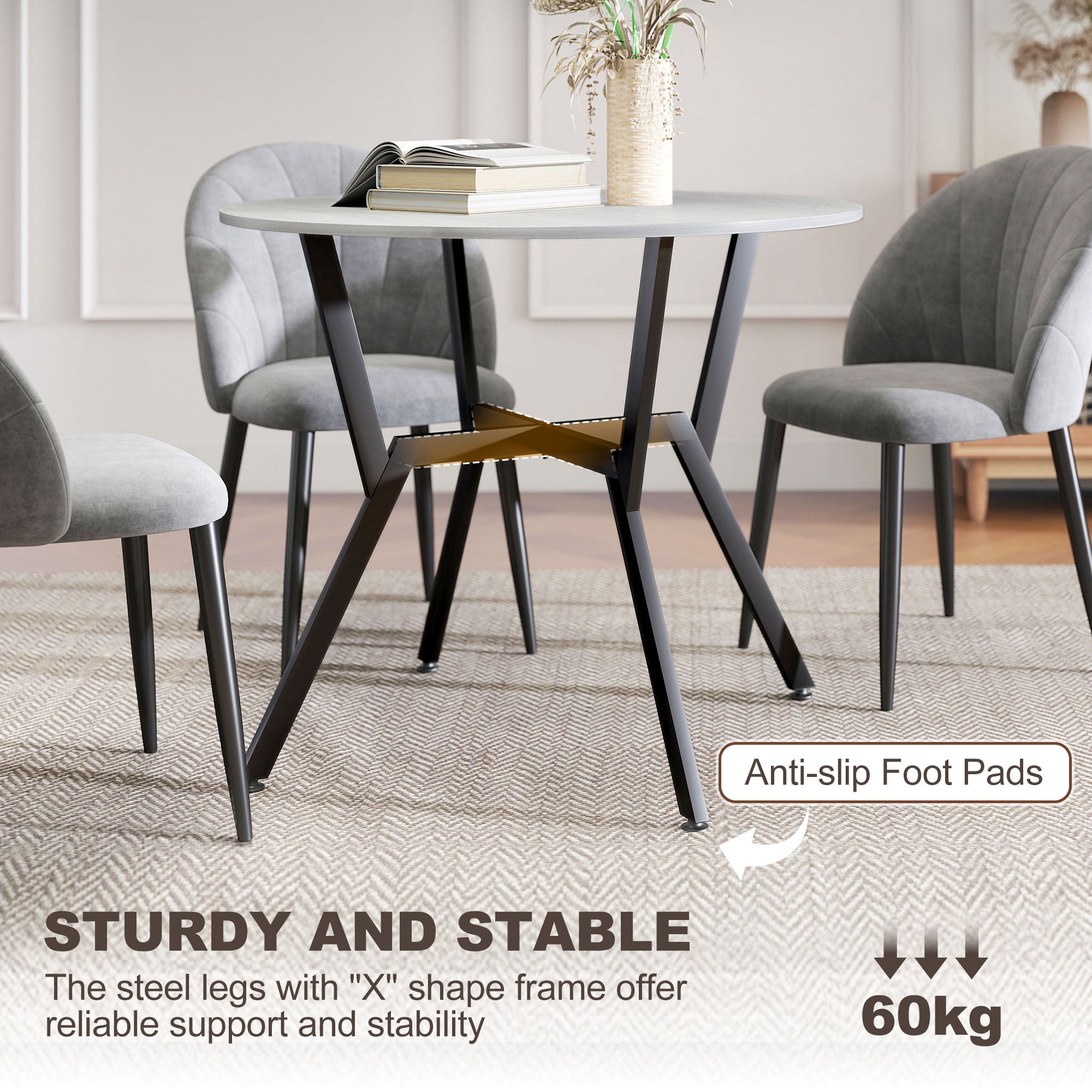 HOMCOM Dining Table, Round Kitchen Table with Black Legs, Anti-slip Foot Pads for Living Room, Dining Room 90 x 76 cm, Grey 
