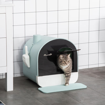 PawHut Hooded Cat Litter Box, Kitten Litter Tray, with Lid, Scoop, Filter, Flap Door 