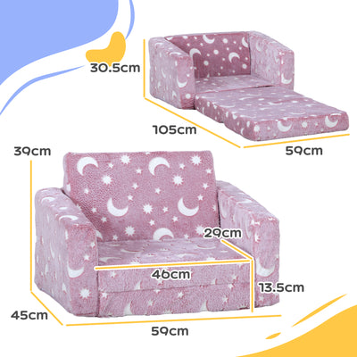 AIYAPLAY 2 in 1 Kids Folding Bed Armchair with Glow in The Dark Cosmic Design, Washable Cushion and Cover, Pink 