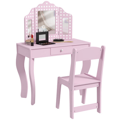AIYAPLAY Kids Dressing Table Sets with Stool and Tri-Fold Mirror, Drawer for Playroom, Bedroom - Pink 