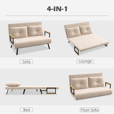 HOMCOM 4-in-1 Velvet-Feel Double Sofa Bed, with Pillows - Beige 