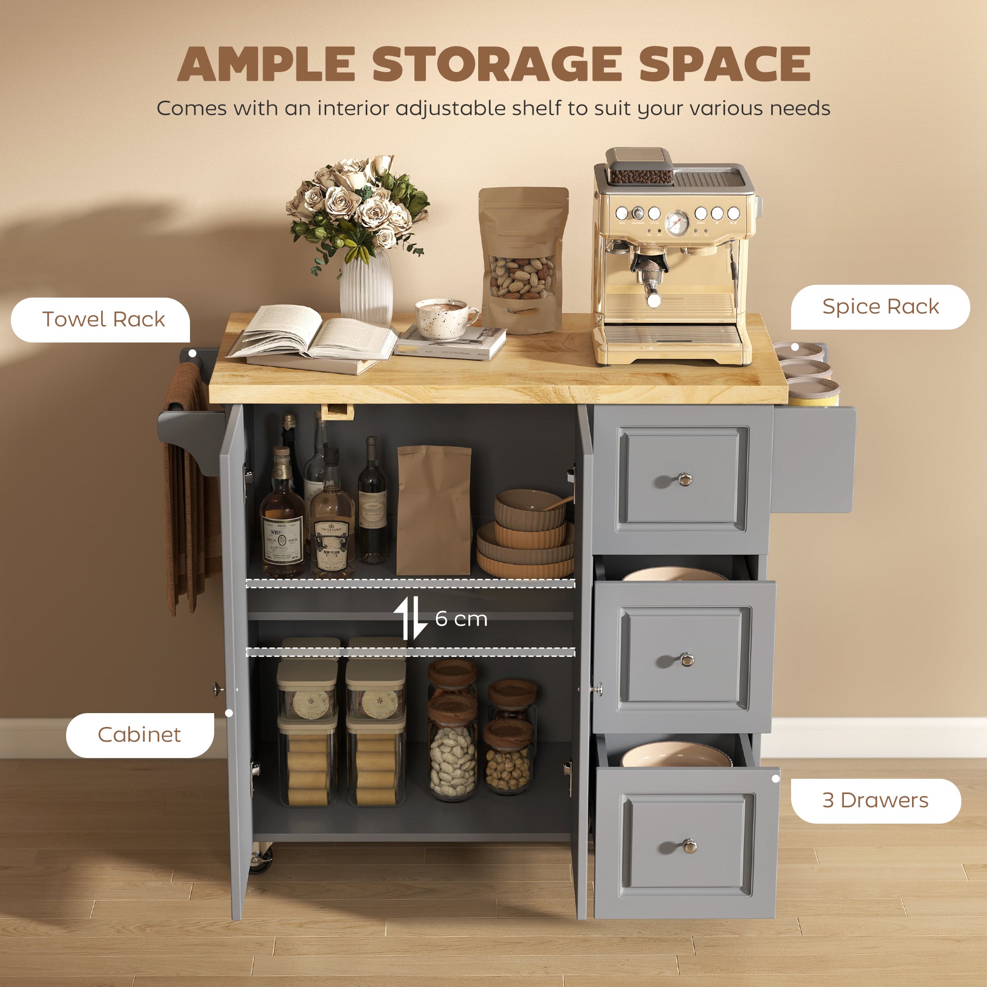 HOMCOM Kitchen Island on Wheels, Rolling Kitchen Storage Trolley with Drop Leaf, Drawers, Towel and Spice Rack, Grey 